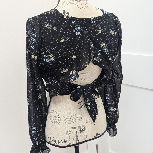 Dynamite romantic floral + polka dot cropped blouse with ruffles and tie - Picture 2 of 4